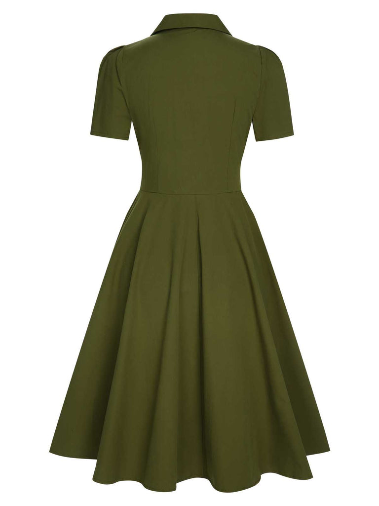 Retro Stage 1940s Lapel Buttoned Solid Shirtwaist Midi Housewife Dress Green Retro Stage 1940s Lapel Buttoned Solid Shirtwaist Midi Housewife Dress Green