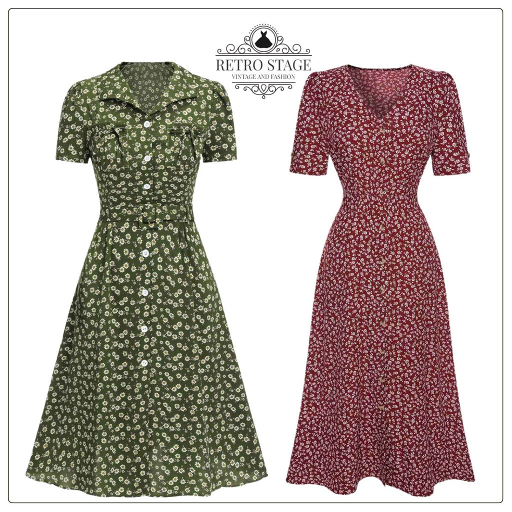 green dress trendy Green 1940s Lapel Buttons Ditsy Floral Dress