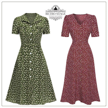 Green 1940s Lapel Buttons Ditsy Floral Dress, vintage dress, retro fashion, floral print - perfect for women who love vintage and retro fashion