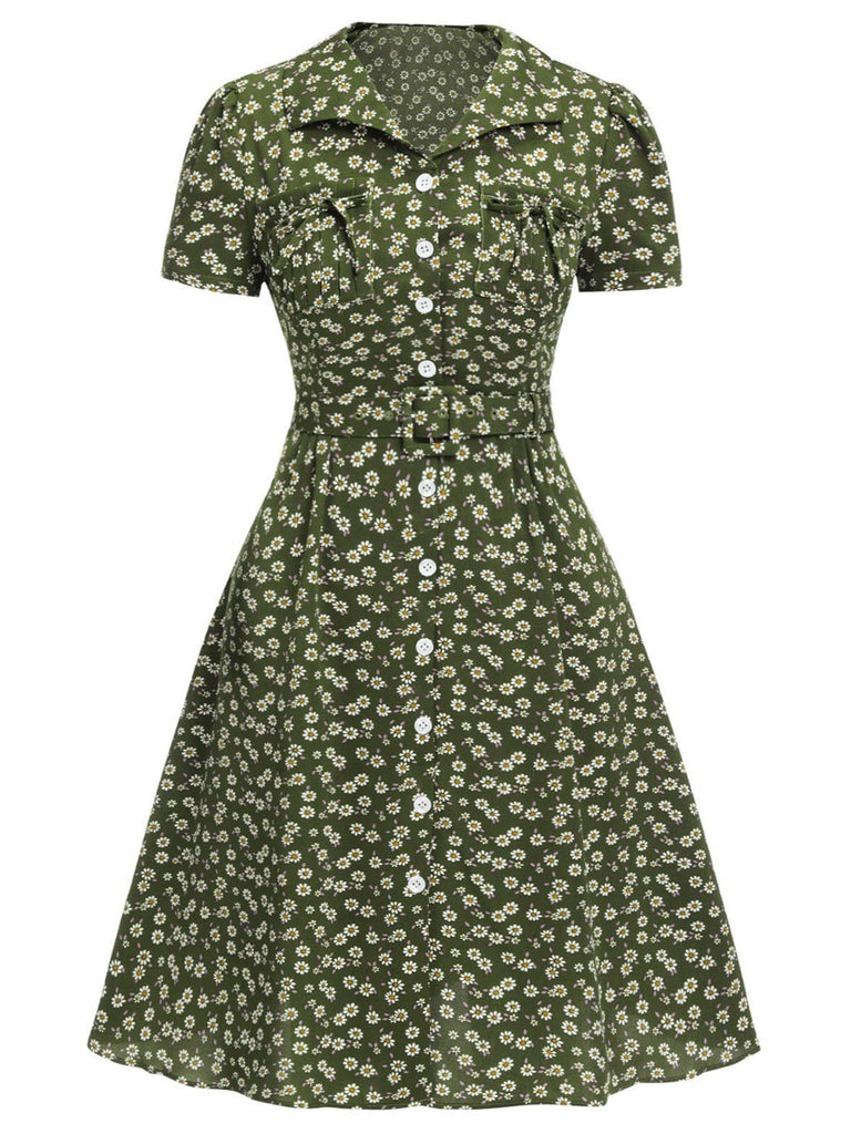 Green 1940s Lapel Buttons Ditsy Floral Dress - vintage dress, retro fashion