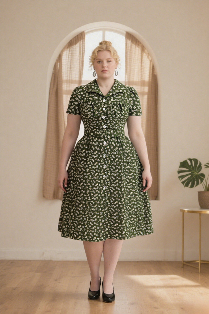 Green 1940s Lapel Buttons Ditsy Floral Dress - vintage dress, retro fashion