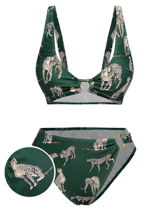 She's wearing Green 1940s Leopard Halter Split Swimsuit and the whole beach remembers the 1940s