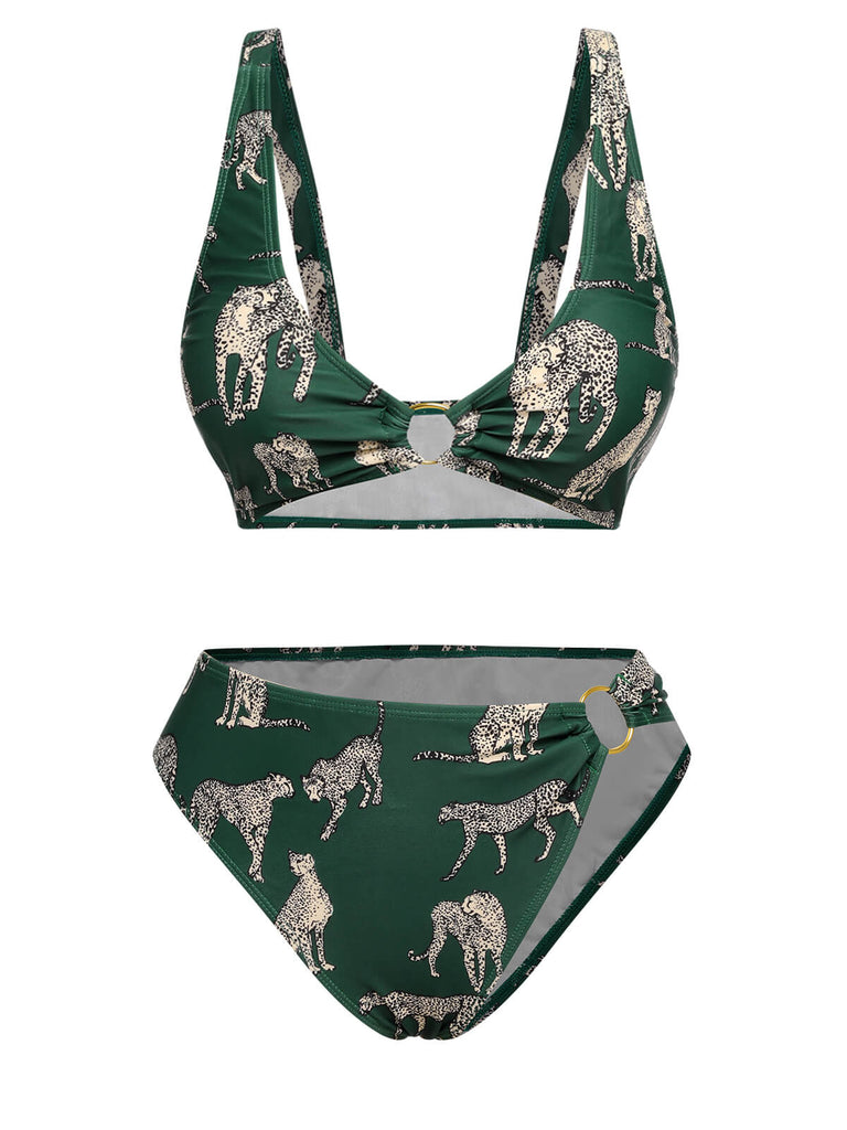 Green 1940s Leopard Halter Split Swimsuit, vintage swimsuit, pin-up swimwear - perfect for women who love vintage and retro fashion