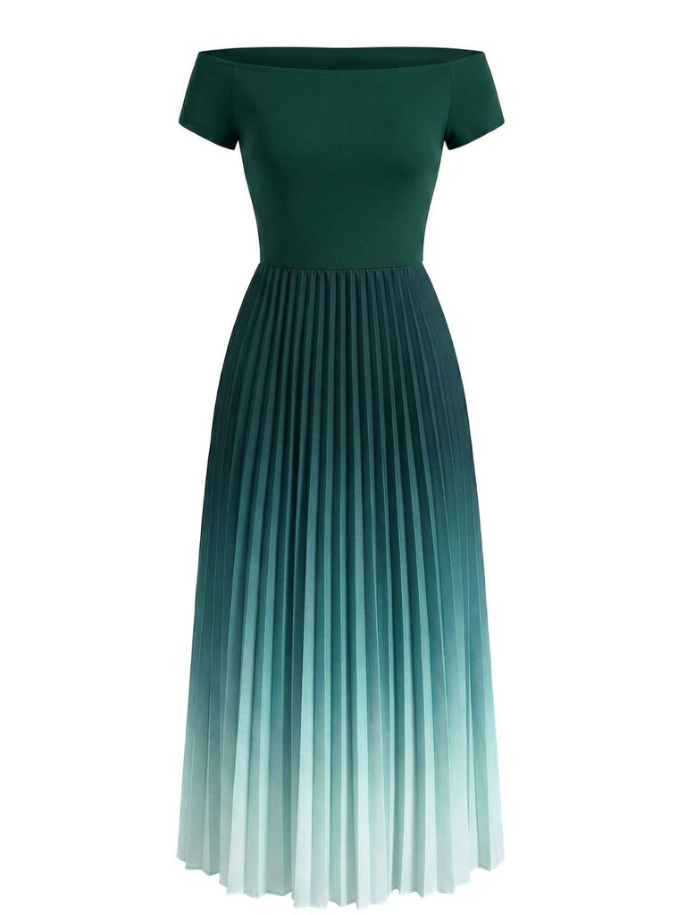 Green 1940s Off-Shoulder Pleated Gradient Dress - vintage dress, retro fashion