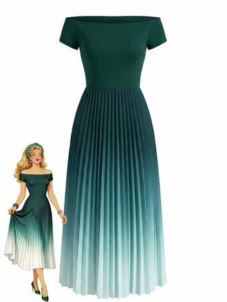 She slips into this Green 1940s Off-Shoulder Pleated Gradient Dress and suddenly it's a 1940s daydream