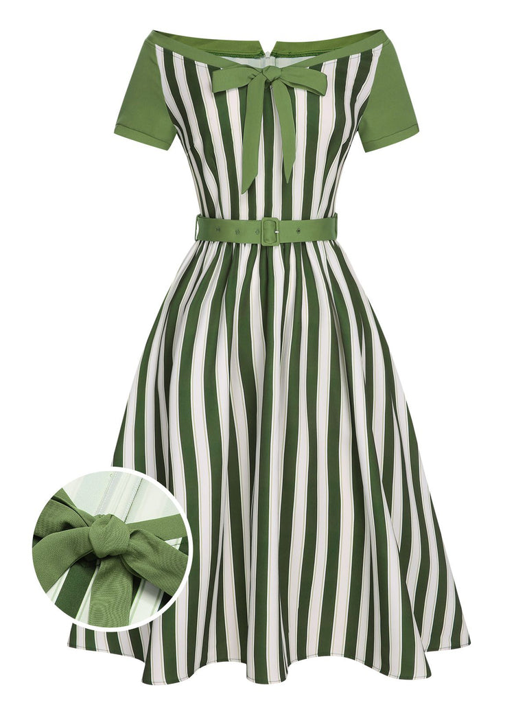 She slips into this Green 1940s Off-Shoulder Stripes Bow Belted Dress and suddenly it's a 1940s daydream