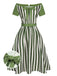 She slips into this Green 1940s Off-Shoulder Stripes Bow Belted Dress and suddenly it's a 1940s daydream