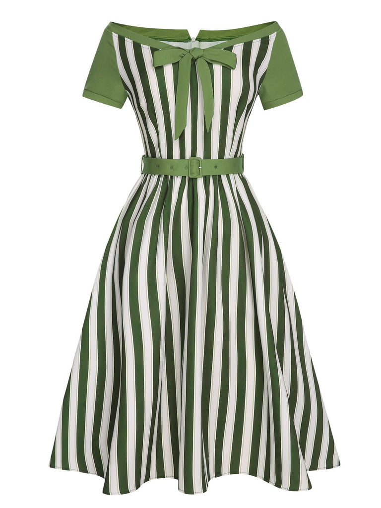 Green 1940s Off-Shoulder Stripes Bow Belted Dress: where 1940s romance meets her modern spirit