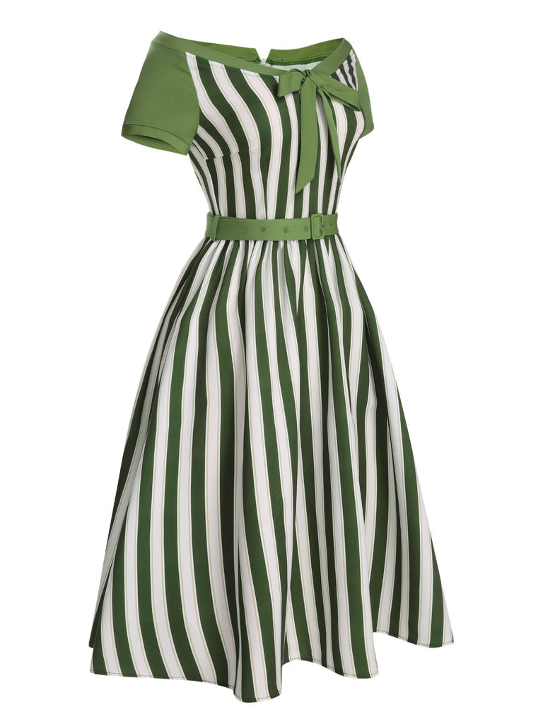 This Green 1940s Off-Shoulder Stripes Bow Belted Dress wraps her in 1940s elegance, one twirl at a time