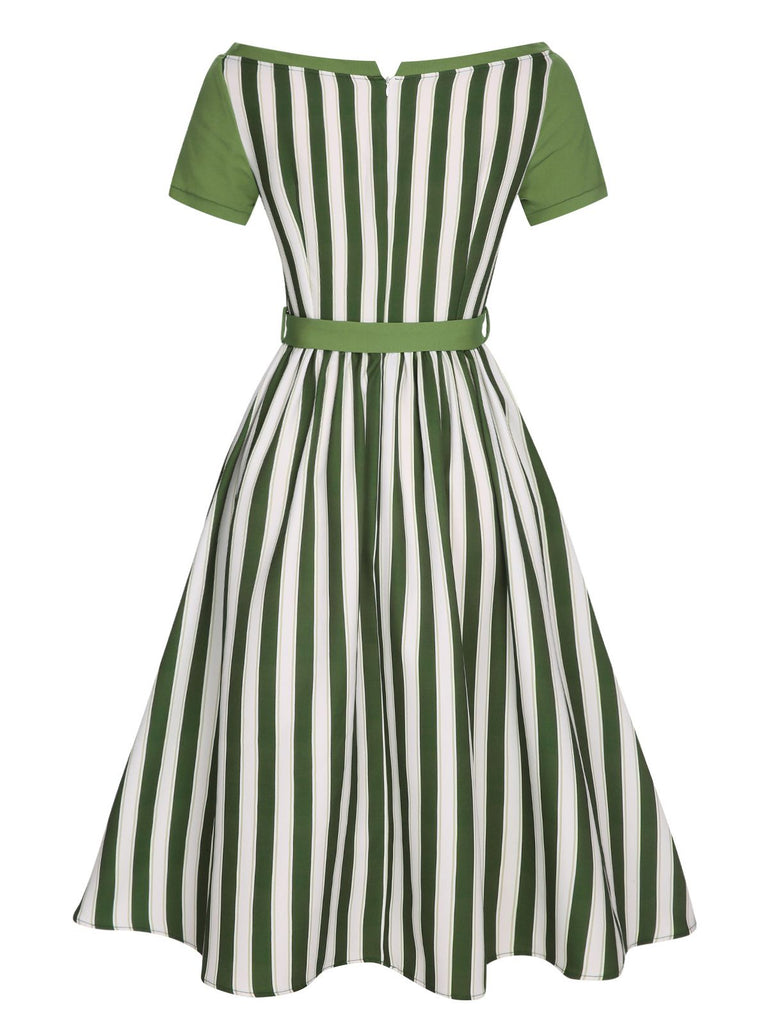 Green 1940s Off-Shoulder Stripes Bow Belted Dress — the kind of 1940s dress that makes strangers smile