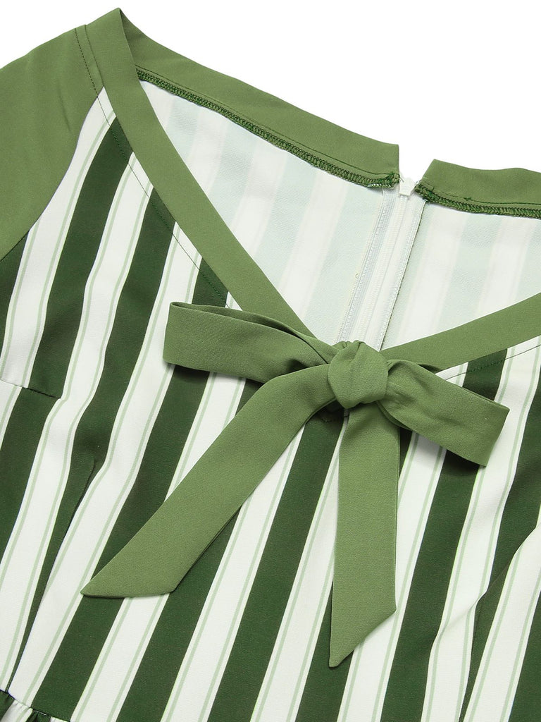 Green 1940s Off-Shoulder Stripes Bow Belted Dress — a 1940s silhouette that turns sidewalks into runways