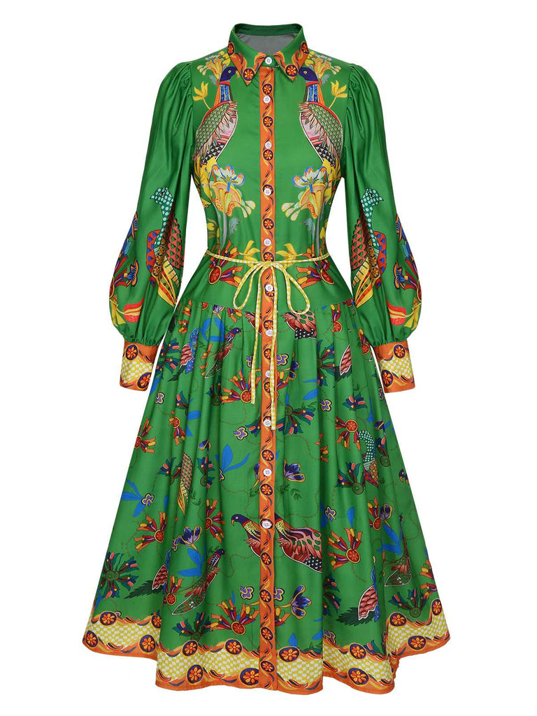 US Warehouse] Green 1940s Peacock Lantern Sleeve Shirt Dress