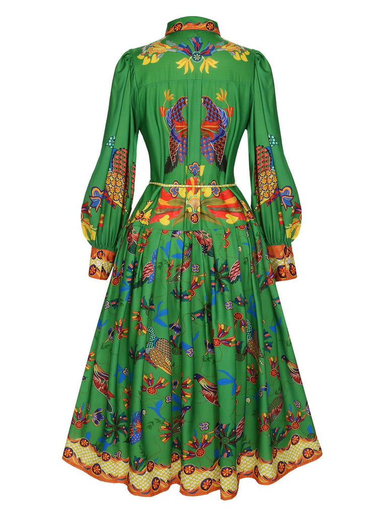 [US Warehouse] Green 1940s Peacock Lantern Sleeve Shirt Dress