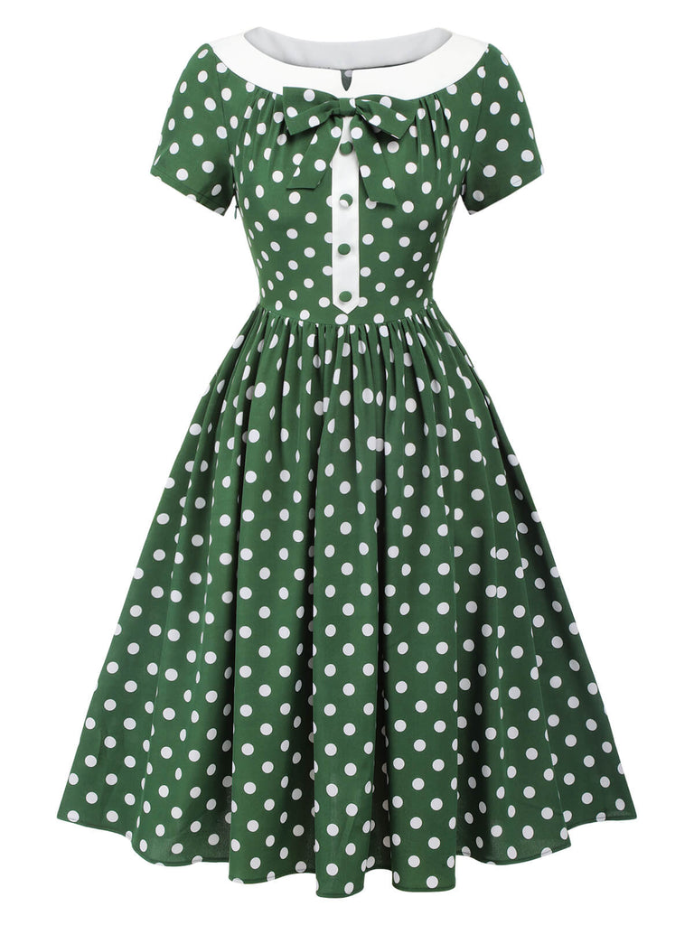 Green 1940s Polka Dot Bowknot Patchwork Dress, vintage dress, retro fashion - perfect for women who love vintage and retro fashion