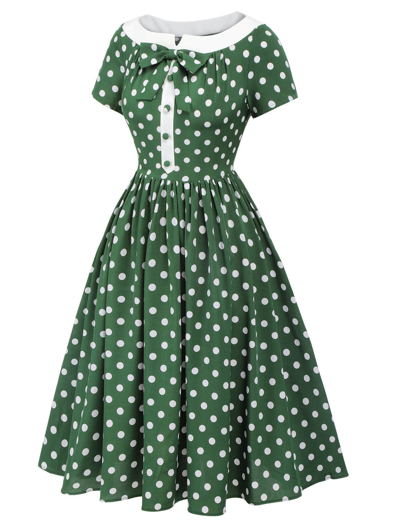 Green 1940s Polka Dot Bowknot Patchwork Dress, vintage dress, retro fashion - perfect for women who love vintage and retro fashion