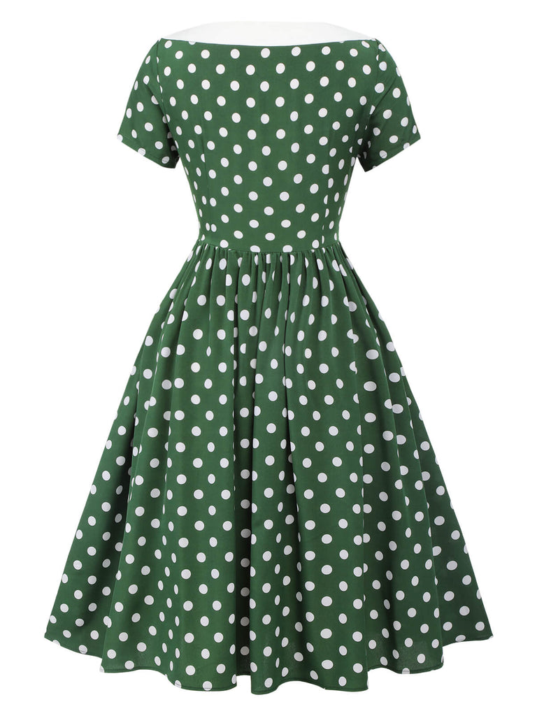 Green 1940s Polka Dot Bowknot Patchwork Dress, vintage dress, retro fashion - perfect for women who love vintage and retro fashion