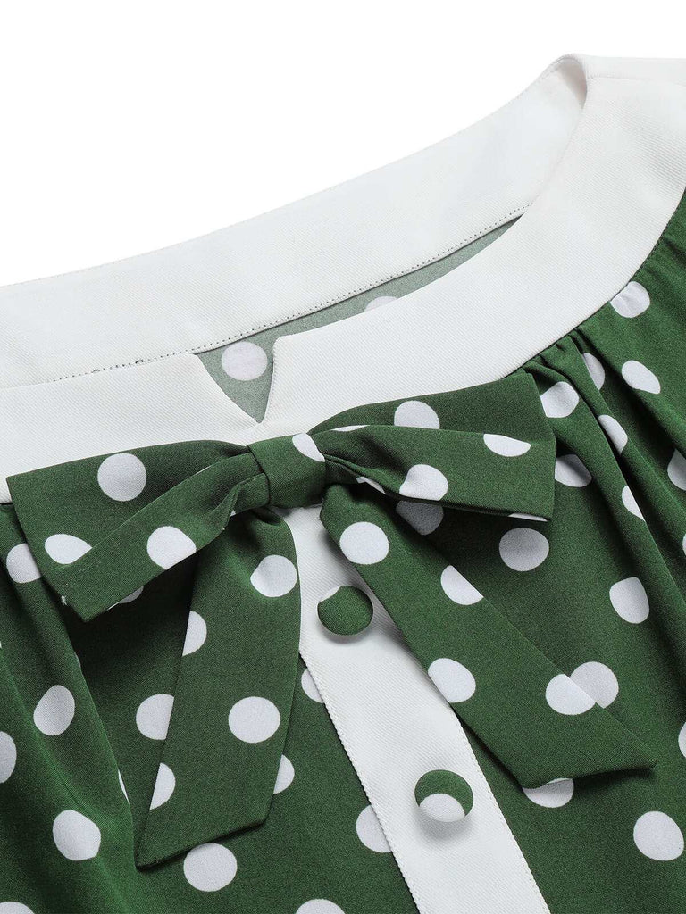 Green 1940s Polka Dot Bowknot Patchwork Dress, vintage dress, retro fashion - perfect for women who love vintage and retro fashion