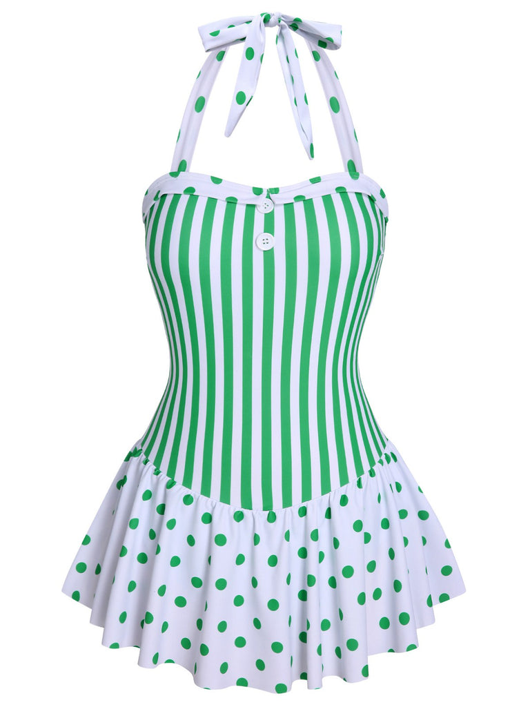 Green 1940s Polka Dots Stripes Halter Swimsuit | Retro Stage Green 1940s Polka Dots Stripes Halter Swimsuit | Retro Stage