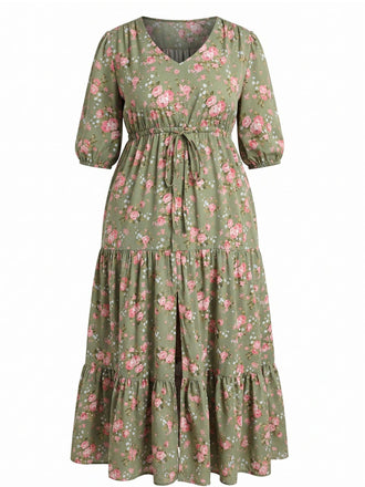 Green 1940s Print Loose Long Dress - vintage dress, retro fashion