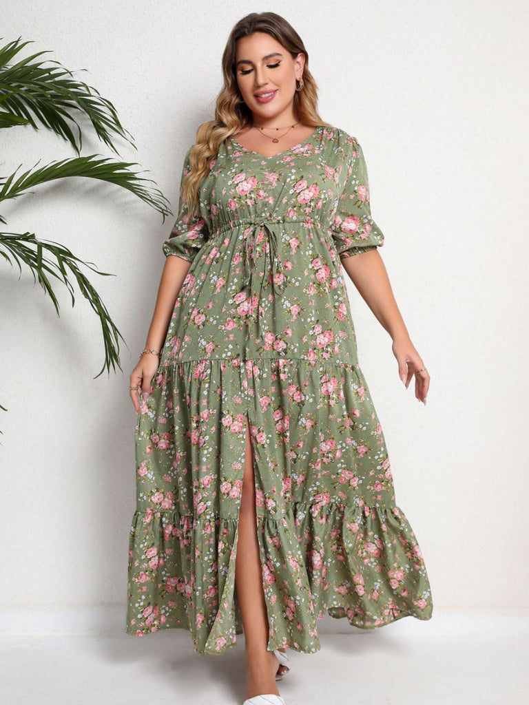 Plus Size Green Floral V-Neck Tiered Maxi Dress Plus Size Green Floral V-Neck Tiered Maxi Dress