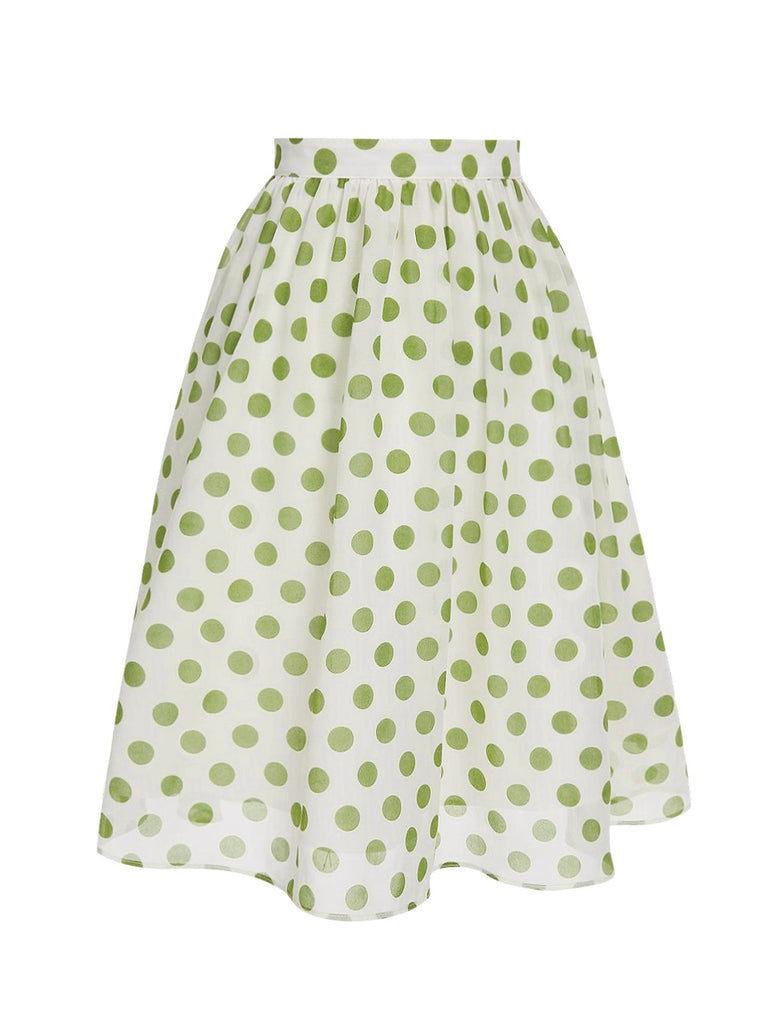 Green 1940s Schiffon Polka Dots Skirt: 1940s grace for the woman who dances through life