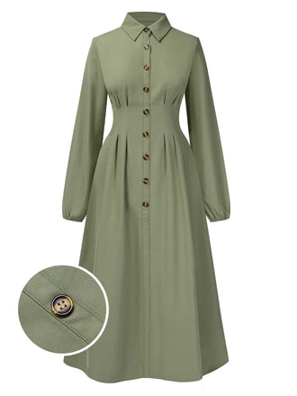 She slips into this Green 1940s Shirt Neck Long Sleeve Solid Dress and suddenly it's a 1940s daydream