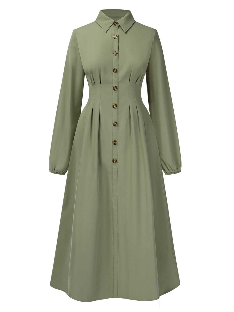 Green 1940s Shirt Neck Long Sleeve Solid Dress: where 1940s romance meets her modern spirit
