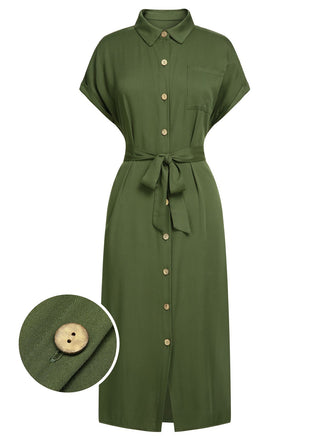 Green 1940s Solid Belted Slit Dress: timeless style reimagined
