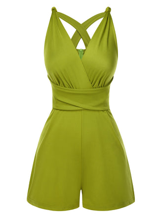 She finds her 1940s story in this Green 1940s Solid Cross-Back Straps Romper