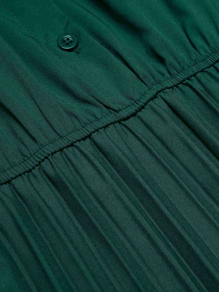 Women's Pleated Button Front Maxi Dress - Lapel Collar Long Sleeve Waist-Defined Shirt Dress dark green S Women's Pleated Button Front Maxi Dress - Lapel Collar Long Sleeve Waist-Defined Shirt Dress dark green S
