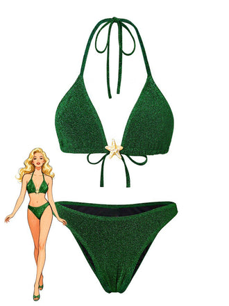 Green 1940s Solid Starfish Sequined Bikini Set - vintage swimwear, retro swimsuit, pin-up style for vintage lovers