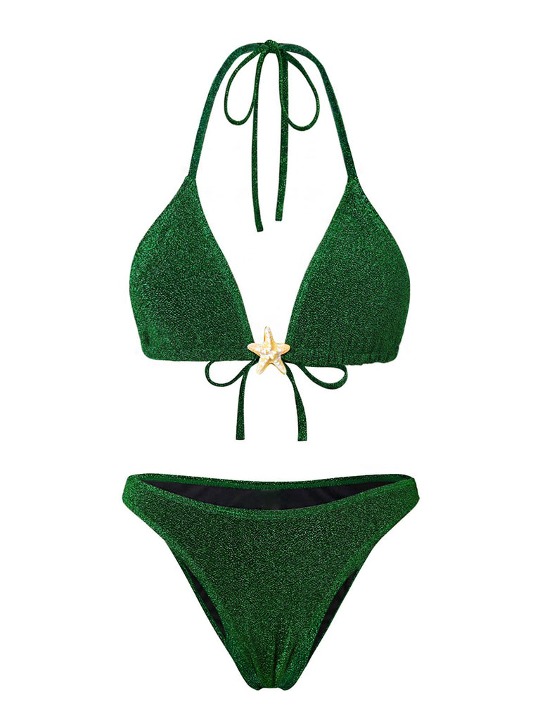Green 1940s Solid Starfish Sequined Bikini Set: beautiful vintage swimwear, retro swimsuit, pin-up style with timeless appeal