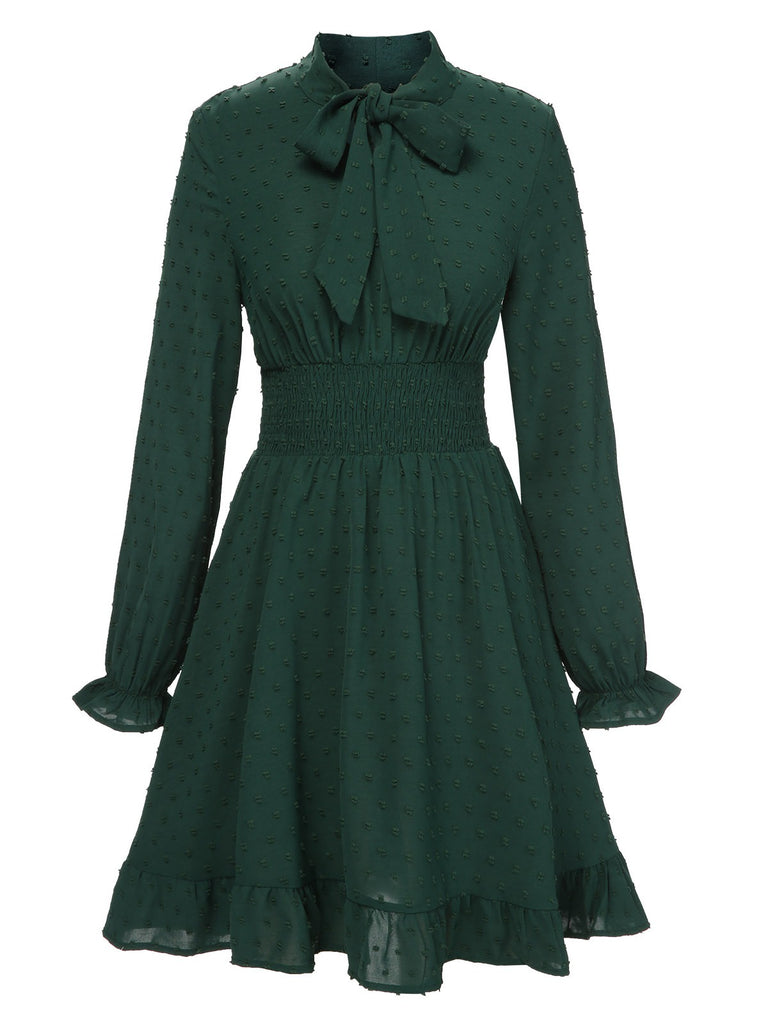 Green 1940s Solid Textured Bow Collar Dress, vintage dress, retro fashion - perfect for women who love vintage and retro fashion