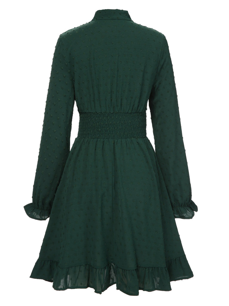 Green 1940s Solid Textured Bow Collar Dress, vintage dress, retro fashion - perfect for women who love vintage and retro fashion