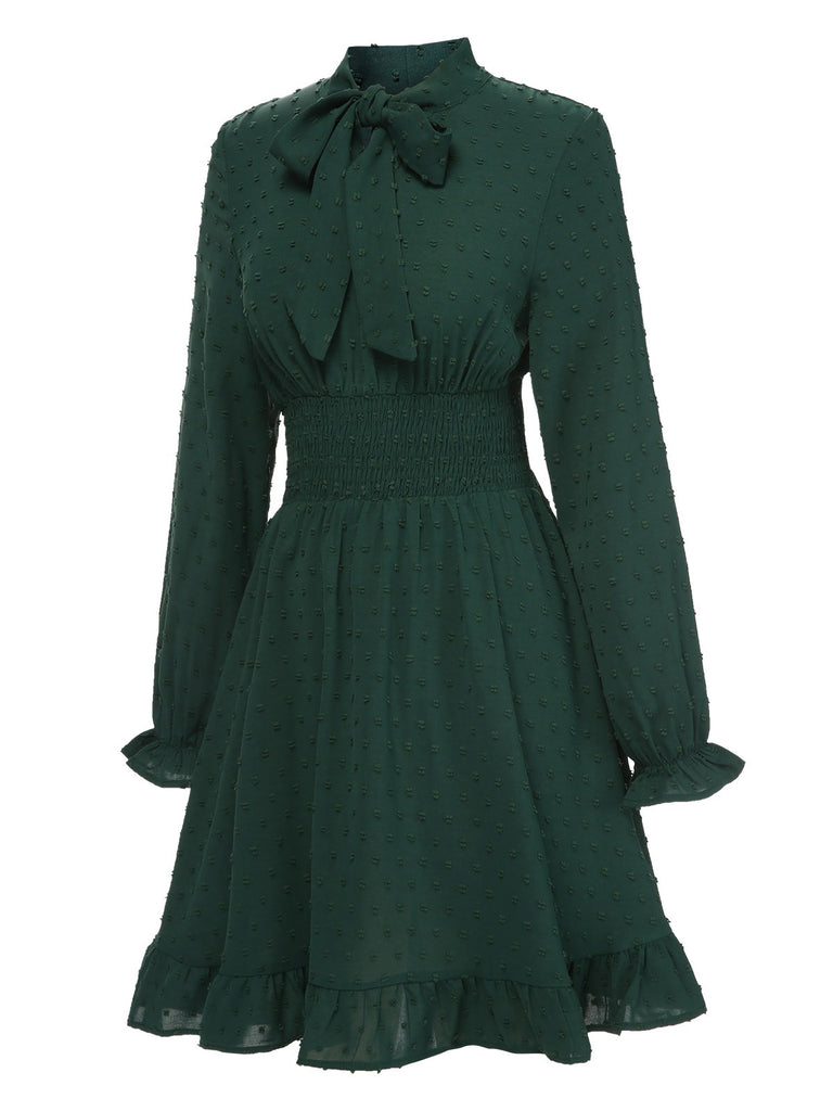 Green 1940s Solid Textured Bow Collar Dress, vintage dress, retro fashion - perfect for women who love vintage and retro fashion