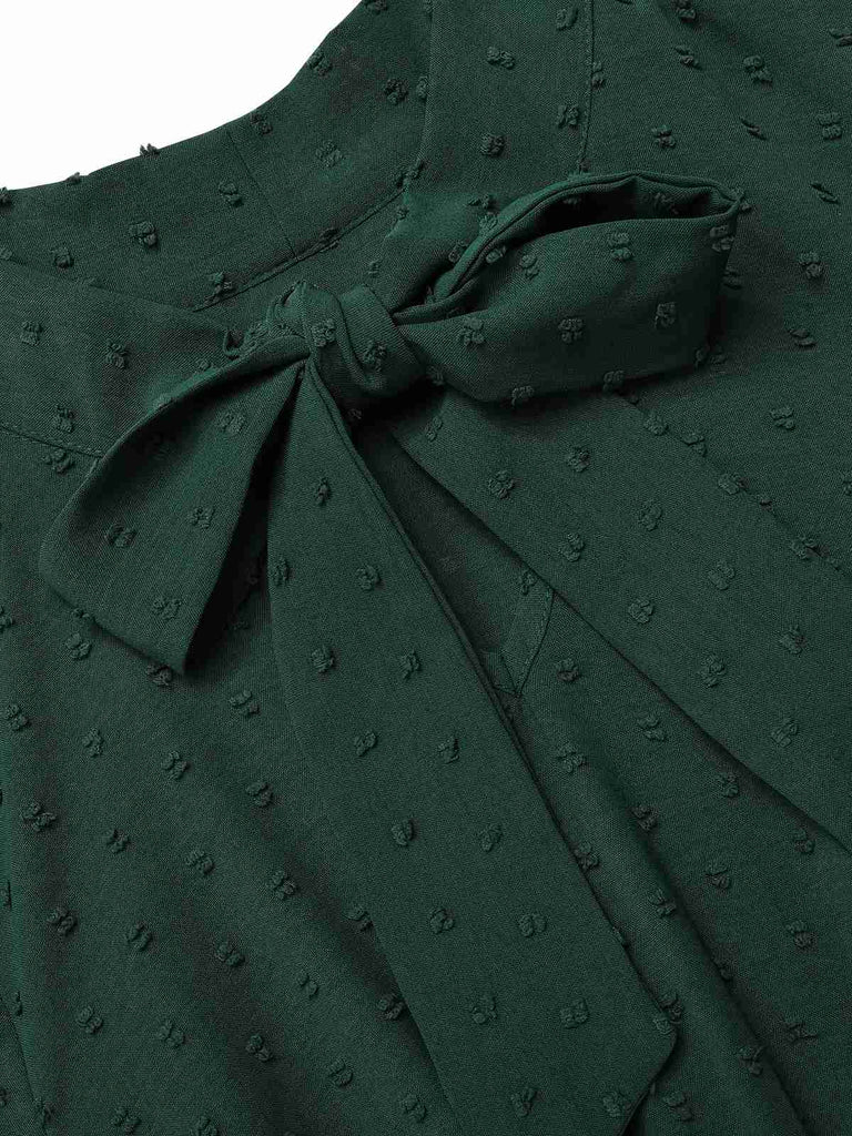 Green 1940s Solid Textured Bow Collar Dress, vintage dress, retro fashion - perfect for women who love vintage and retro fashion