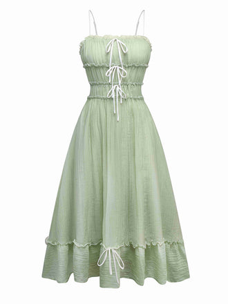 Green 1940s Spaghetti Strap Bow-tied Dress - vintage dress, retro fashion