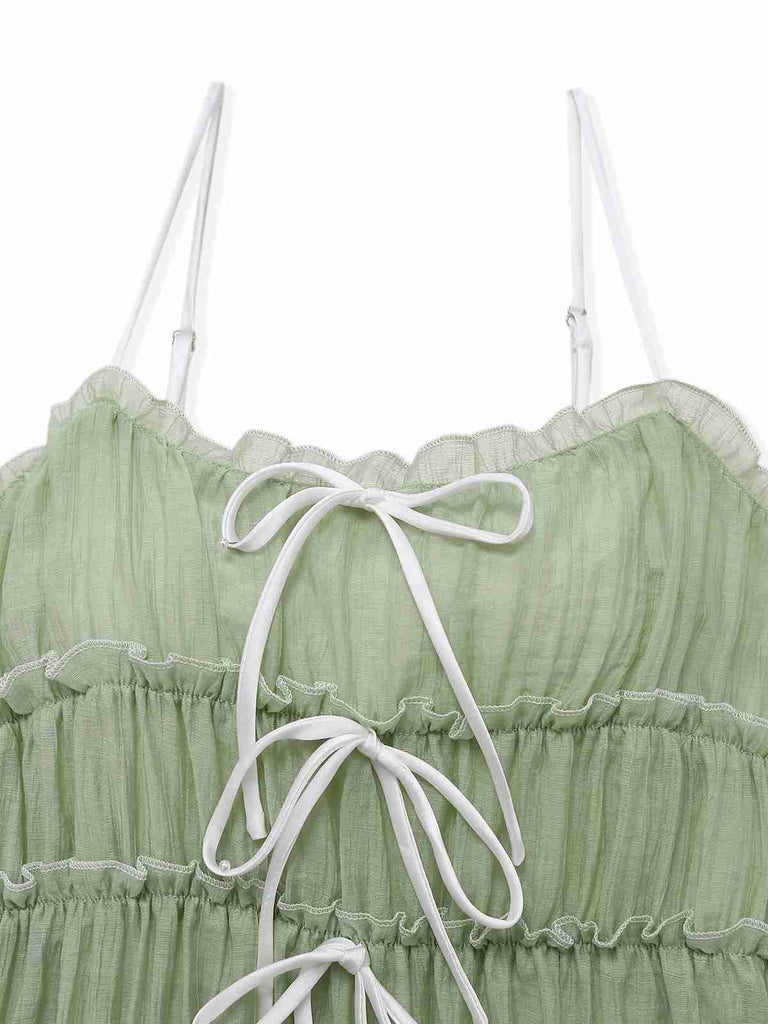 Green 1940s Spaghetti Strap Bow-tied Dress - vintage dress, retro fashion