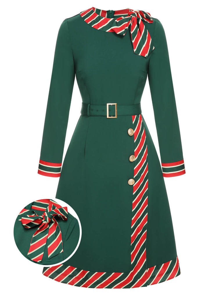 Women's Christmas Elf Dress Stripe Patchwork Belted Dress Green & Red Women's Christmas Elf Dress Stripe Patchwork Belted Dress Green & Red