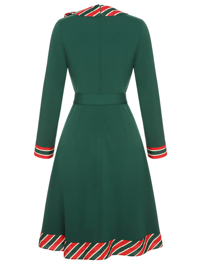 Women's Christmas Elf Dress Stripe Patchwork Belted Dress Green & Red