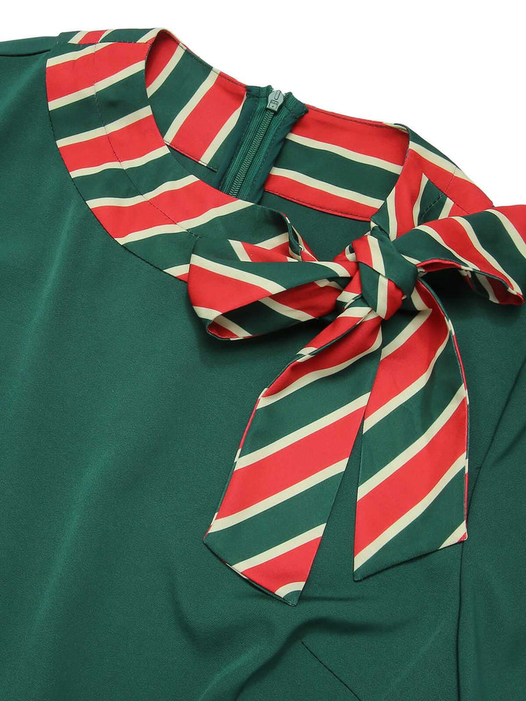 Women's Christmas Elf Dress Stripe Patchwork Belted Dress Green & Red