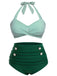 [Plus Size] Green 1940s Striped Halter Swimsuit