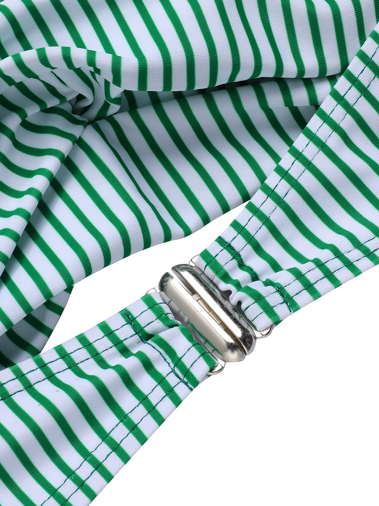 This Green 1940s Striped Halter Swimsuit carries 1940s vacation dreams in every stitch