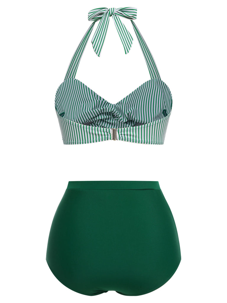 She's wearing Green 1940s Striped Halter Swimsuit Set and the whole beach remembers the 1940s