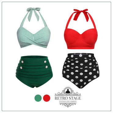 Green 1940s Striped Halter Swimsuit Set - vintage swimsuit, pin-up style