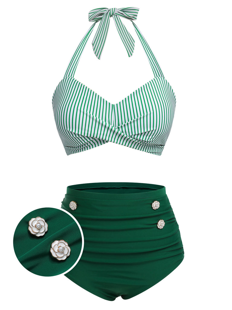 Green 1940s Striped Halter Swimsuit Set - vintage swimsuit, pin-up style