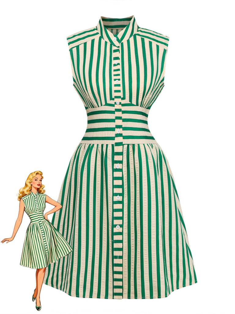 Green 1940s Striped Single-Breasted Sleeveless Dress - vintage dress, retro fashion, elegant style for vintage lovers