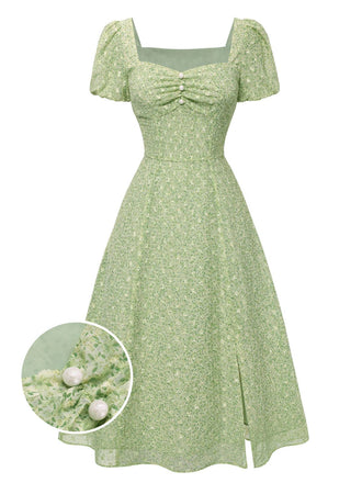 Green 1940s Sweetheart Ditsy Floral Dress: where 1940s romance meets her modern spirit