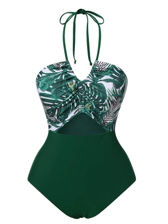 She's wearing Green 1940s Tropical Hollow Out One-Piece Swimsuit and the whole beach remembers the 1940s