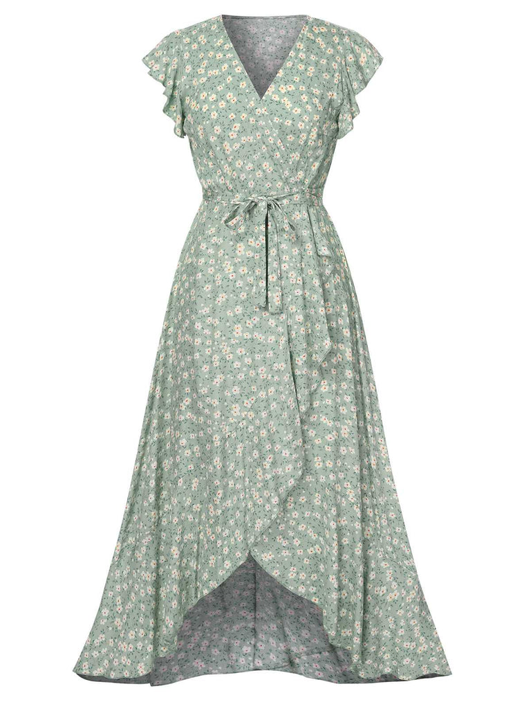 Green 1940s V-Neck Ditsy Floral Irregular Hem Dress Green 1940s V-Neck Ditsy Floral Irregular Hem Dress